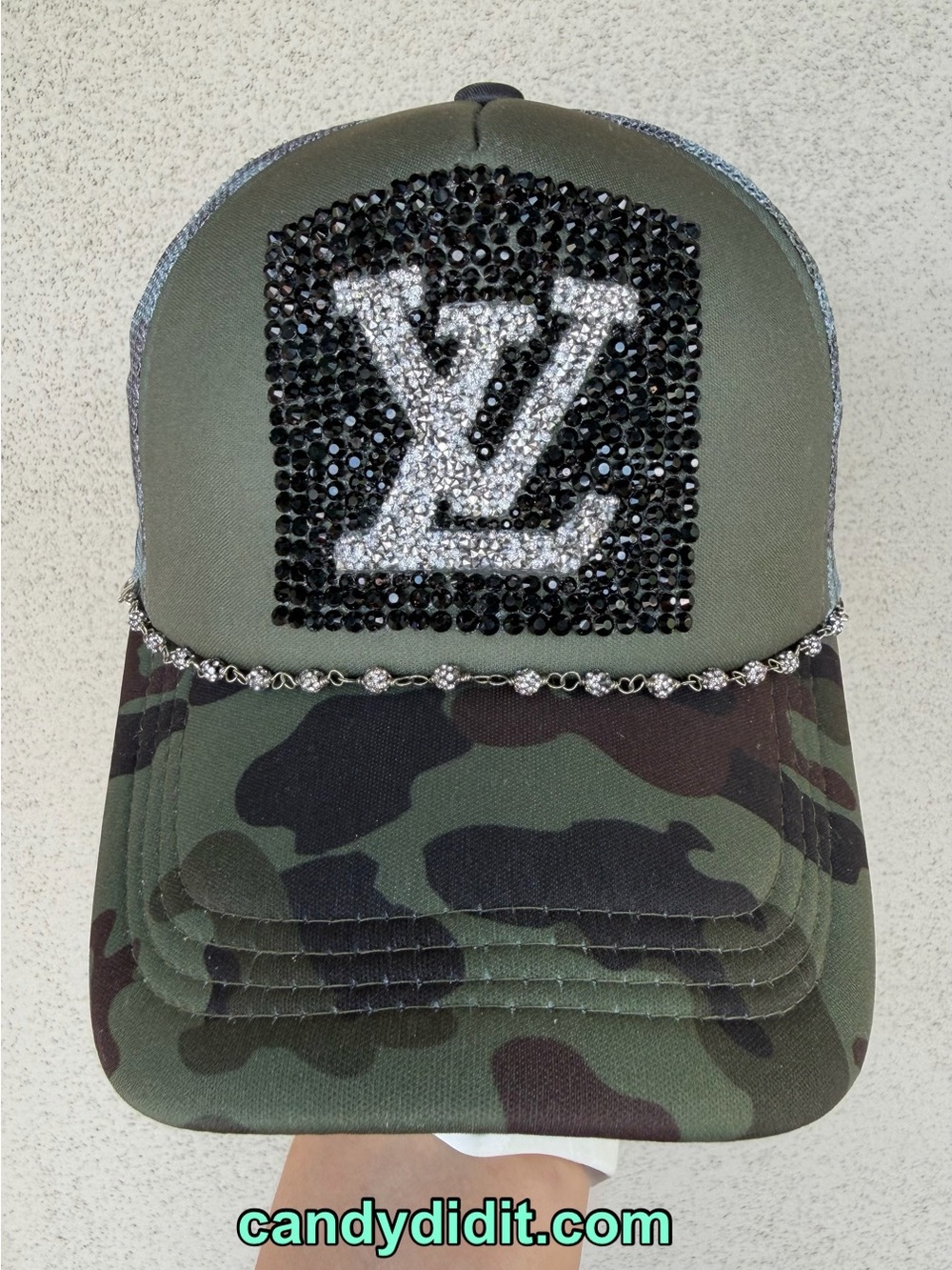 New Handmade Camo  Couture Logo Bling Trucker Hat - Picture 10 of 10